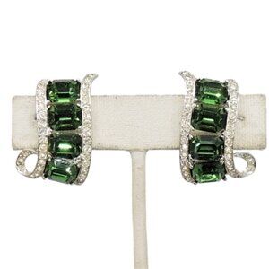 Vintage 1960s Signed Kramer Rhodium Plated Faux-Emerald Clip Earrings
